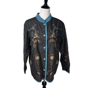Denim & Co 1X Black Denim Blue Trim Embroidered Button Down Shirt Jacket NWT